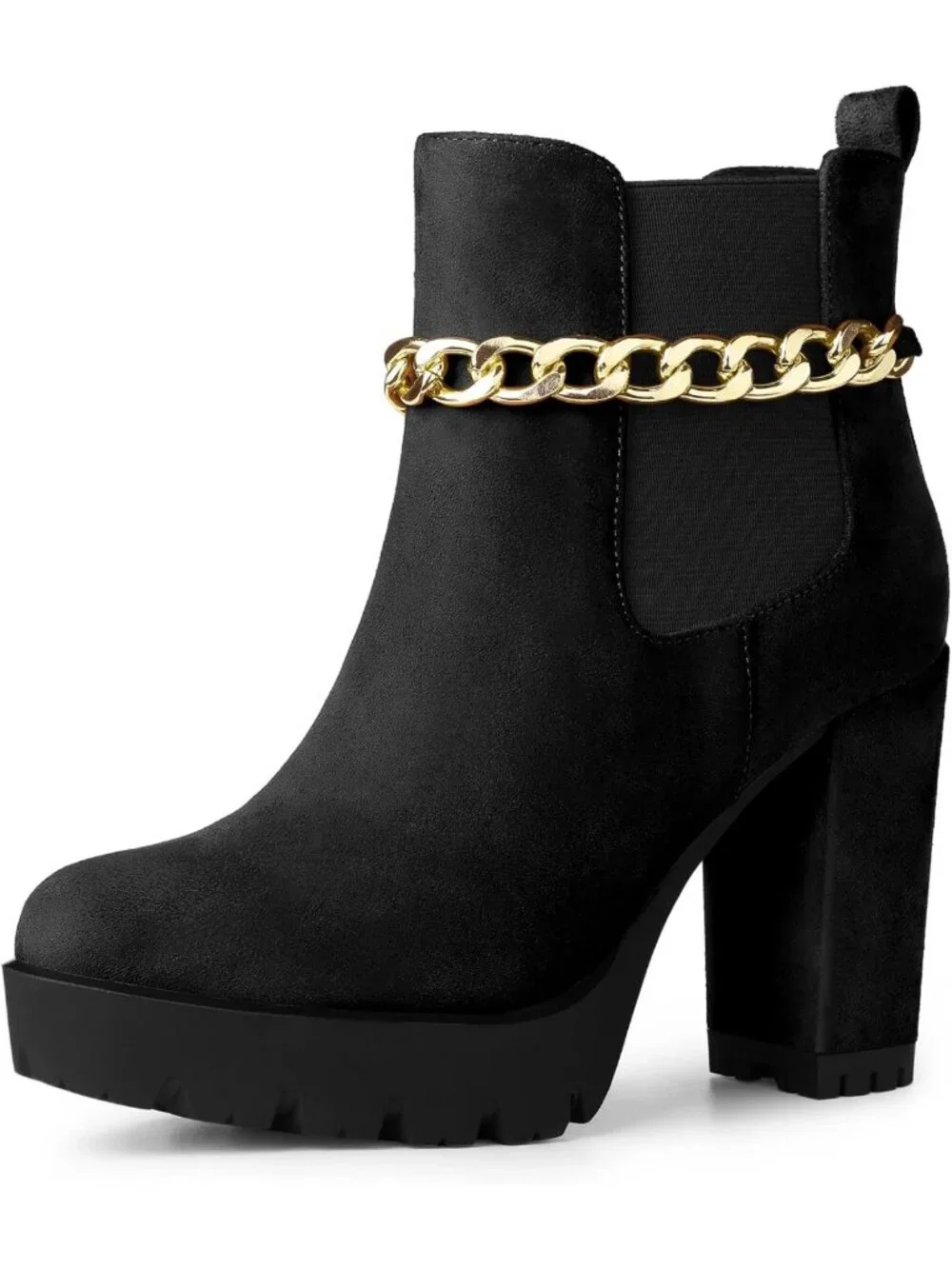 Stylish Chunky High Heel Chelsea Ankle Boots with Gold Chain Detail - Platform